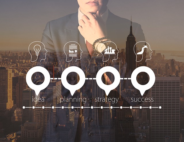 Businessperson in suit with New York City skyline, icons representing idea, planning, web design pricing, and success superimposed on the image.