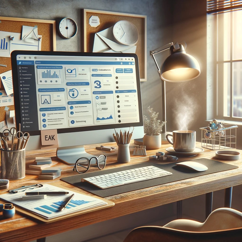 A cluttered desk featuring a computer displaying email performance analytics, office supplies, a steaming coffee mug, notebooks, graphs, and charts. Sunlight streams in through a window, illuminating the workspace.