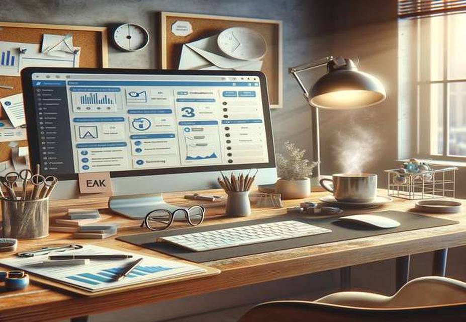 Cozy home office with a desktop computer displaying graphs and data, a lamp, various office supplies, and a steaming cup of coffee on a wooden desk. Sunlight filters in through a window as you read the latest company news.