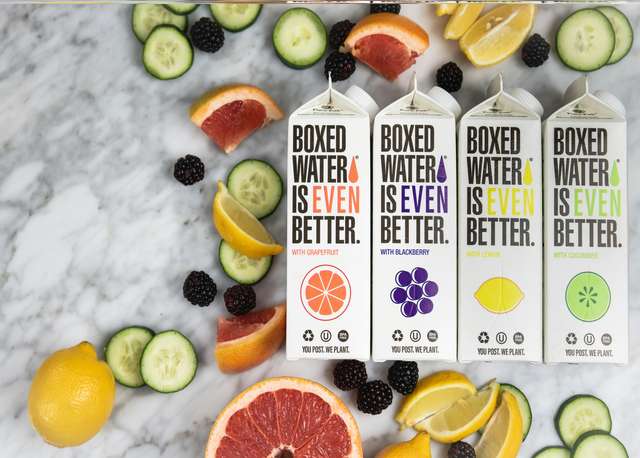 Four cartons of Boxed Water and various sliced fruits are displayed on a marble surface, showcasing flavors: grapefruit, blueberry, lemon, and unflavored—just like a well-executed talent acquisition strategy that offers diverse options to quench your team's thirst for excellence.