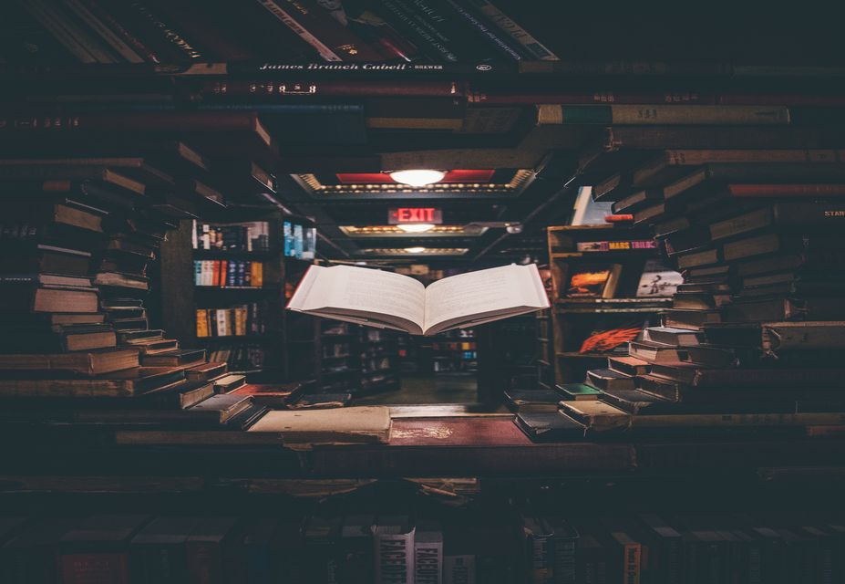 An open book is suspended in mid-air, framed by a circular arrangement of books on shelves. The background reveals more bookshelves and a dimly lit bookstore environment.