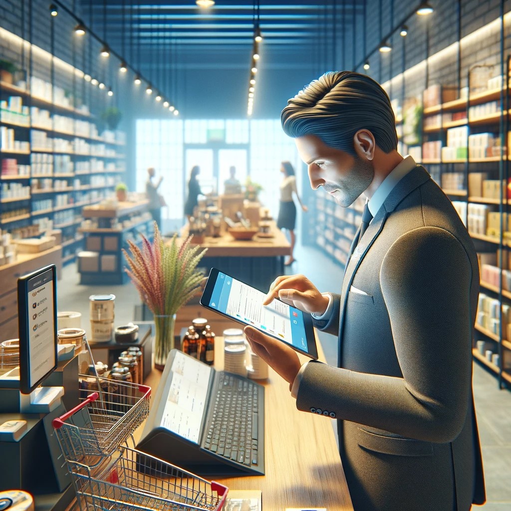 A man in a suit uses a tablet at the checkout counter of a modern store with shelves full of various products, analyzing email performance analytics. Shoppers are visible in the background.