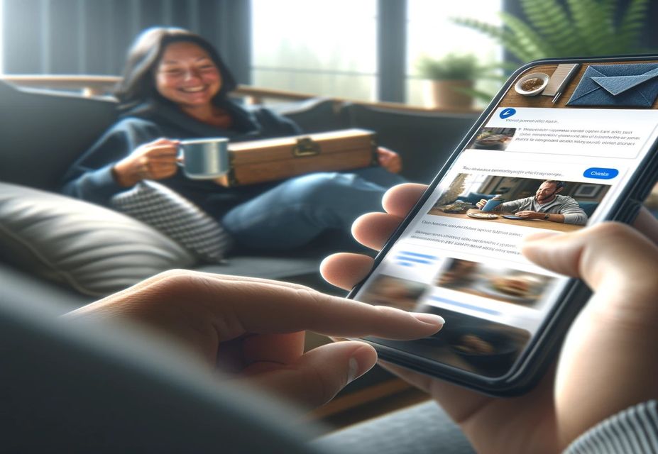 Person holding a smartphone and viewing social media while another person sits on a couch in the background, smiling and holding a mug.