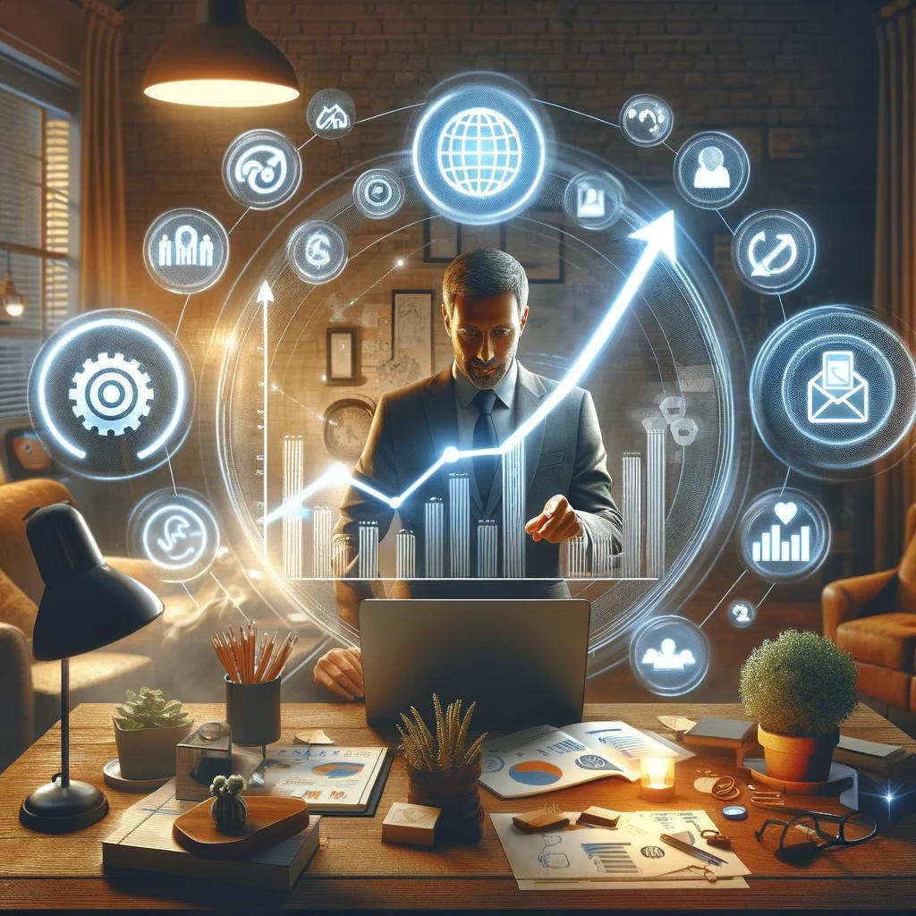 A man works on a laptop at a desk, surrounded by floating digital icons and graphs depicting global connectivity, analytics, and communication, suggesting a focus on business and technology. The scene hints at his expertise in custom email designs for targeted email campaigns.