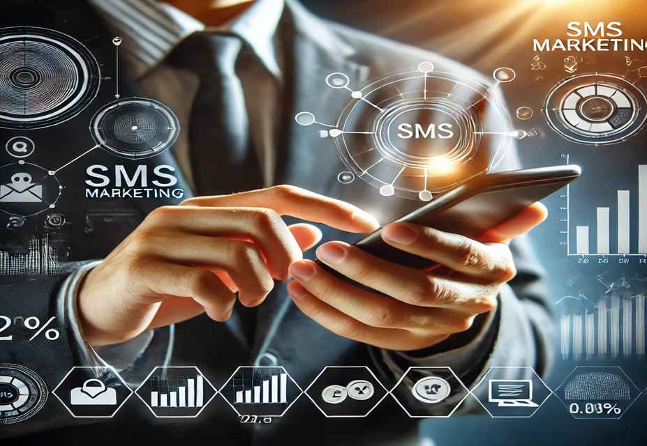 A person in a suit uses a smartphone with SMS marketing graphics and icons overlaid, showcasing SMS Marketing Strategies. Charts, messages, and technology-related symbols are displayed to highlight customer engagement techniques.