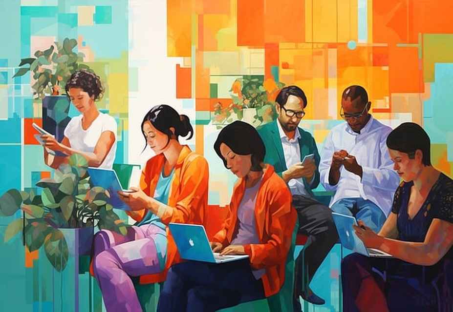 A vibrant digital illustration shows five individuals engaged with laptops and tablets, highlighting technology and connectivity. Plants add a touch of nature to the scene. The image subtly underscores concepts like SMS Marketing Strategies through devices, emphasizing modern communication trends.