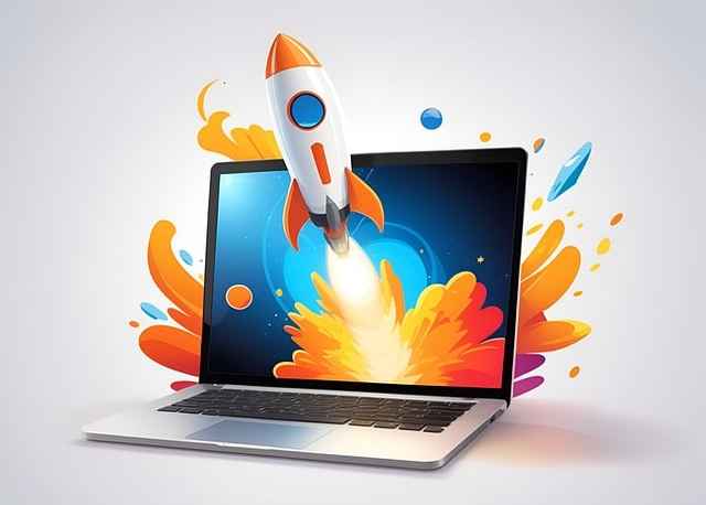 A digital illustration of a rocket launching from an open laptop screen, symbolizing innovation and technology. Bright colors and dynamic elements add a sense of energy and excitement, evoking the power of personalized messaging in modern marketing automation.