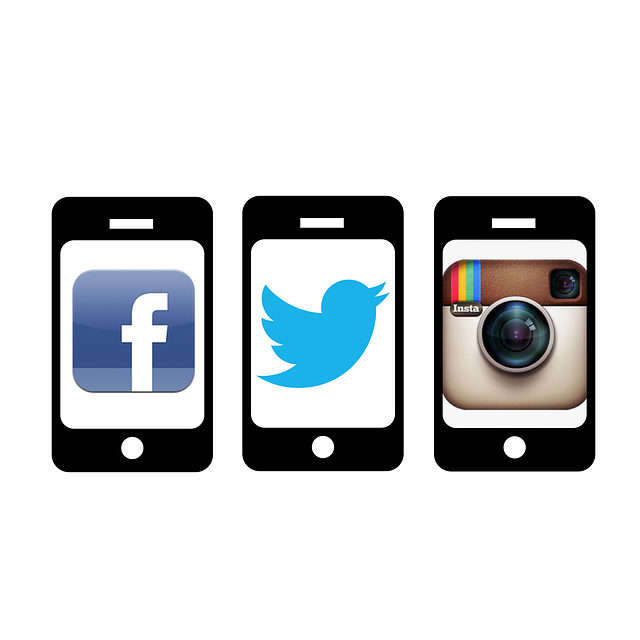 Icons of three smartphone screens displaying the logos of popular social media platforms: Facebook, Twitter, and Instagram.