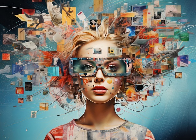 A woman wearing VR glasses is surrounded by a colorful, chaotic blend of images and shapes, illustrating an interactive marketing virtual environment.