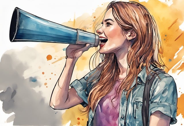 Illustration of a woman with reddish hair using a megaphone, wearing a denim shirt and carrying a backpack, with a colorful abstract background, showcasing the essence of audience engagement.