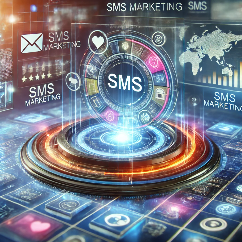 Futuristic interface displaying SMS marketing graphics, including icons for messages, likes, stars, a world map, and other digital elements against a glowing, high-tech background. It also features integrated tools for campaign optimization and marketing analytics.